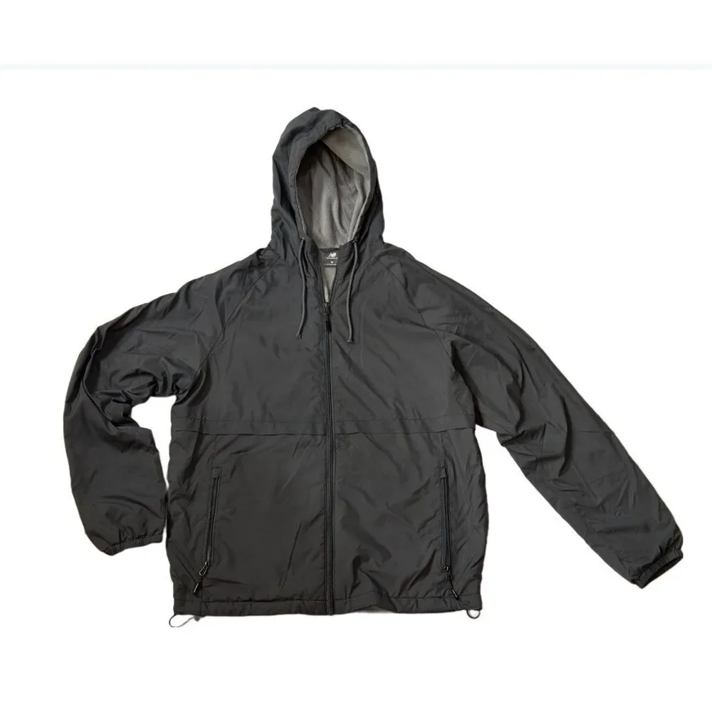 New Balance Lightweight Hooded Windbreaker Jacket M Gray Fleece Lined Running